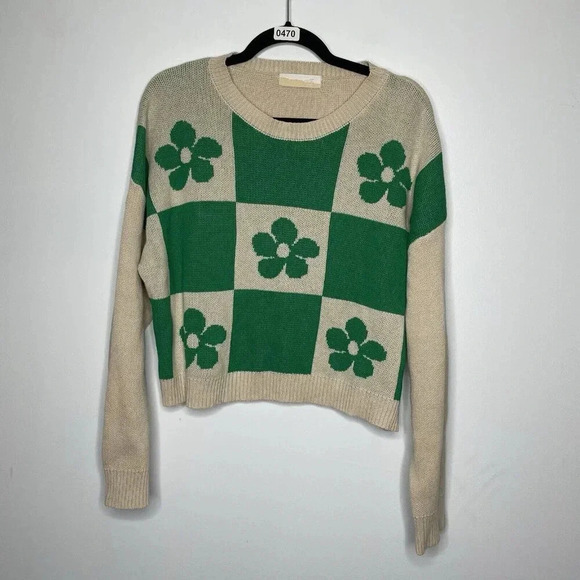 North End Sweater Cropped Green Color Block Floral White Size Small Juniors - Picture 1 of 10